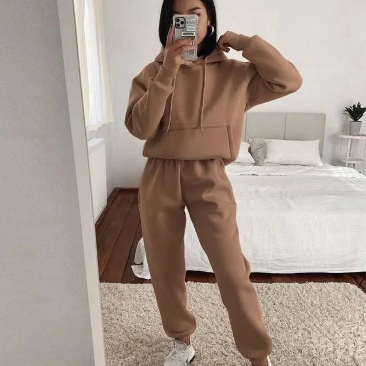 Women Tracksuit Sweatshirts Two Piece Sets Hooded Loose Matching Sets Splice Autumn Winter Elastic Waist Long Pants Set