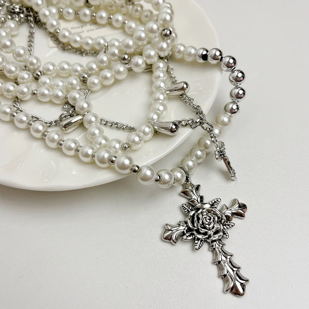 French Vintage Design Floral Cross Faux Pearl Stacking Necklace for Women Y2k Niche Holiday Party Punk Style Jewelry Accessories