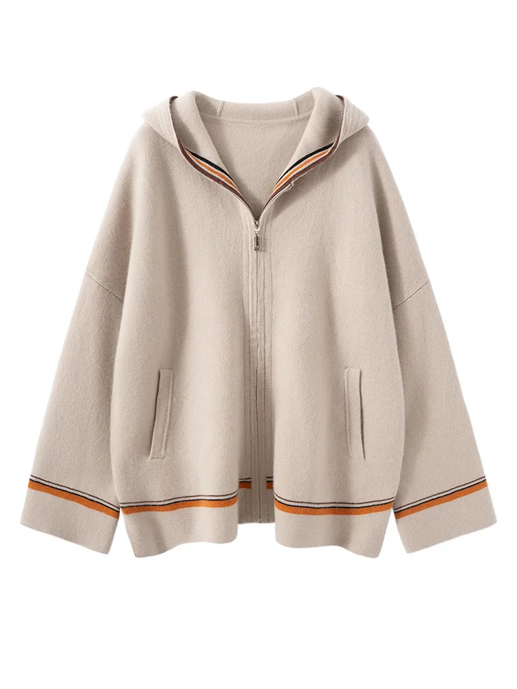 

Luxury Women 100% Cashmere Sweater Autumn Winter Hooded Zipper Cardigan Contrasting big brand style Cashmere Knitwear Tops