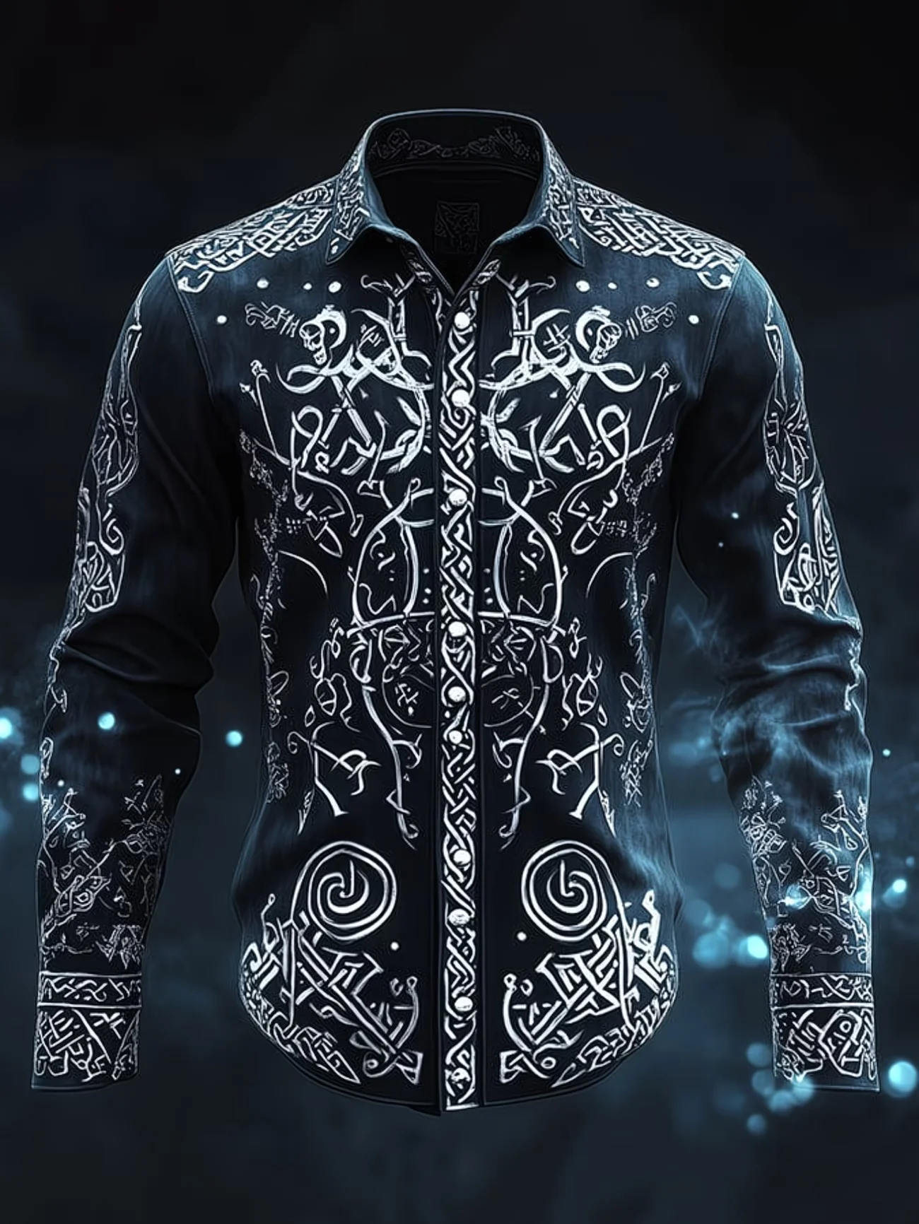 New navy blue gold patterned Baroque men's long sleeved shirt, court style light luxury slim fit business casual shirt