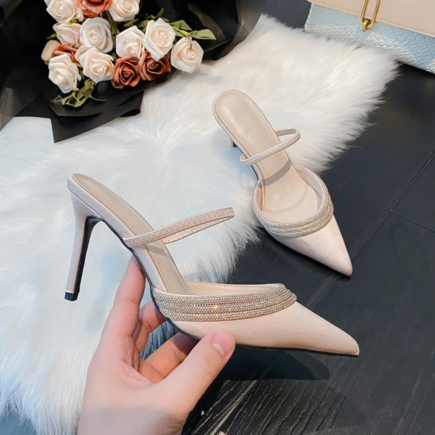 2026 Summer Women Shiny Satin Multi-Layer Rhinestone Slip On Pointed Toe Stiletto Mule Sandals Wedding Dating Party Occasion
