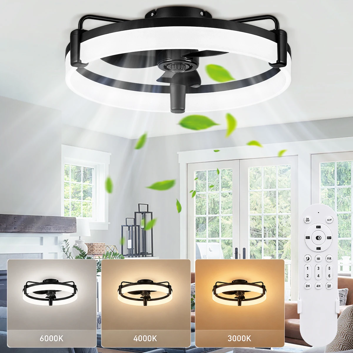 Reversibler LED-Deckenventilator mit Beleuchtung und Fernbedienung, Timer, dimmbar, 6 Geschwindigkeiten, ultra-leiser DC-Motor, runder Ventilator für Schlafzimmer und Zuhause