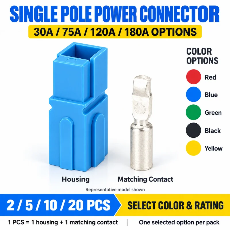 Conector de alimentación de un solo polo 30A 75A 120A 180A, enchufe de carga de batería con terminales, rojo, azul, verde, negro, amarillo, paquete de 2, 5, 10, 20 unidades