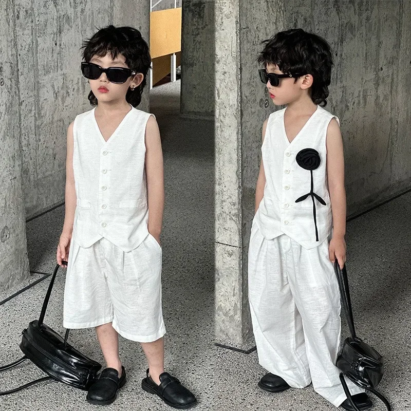 Children's White Suit 2024 Summer New Vest Trousers 2 Pieces Simple Elegance Thin Teenage Boys Girls Clothing Set 10 12 13 Years