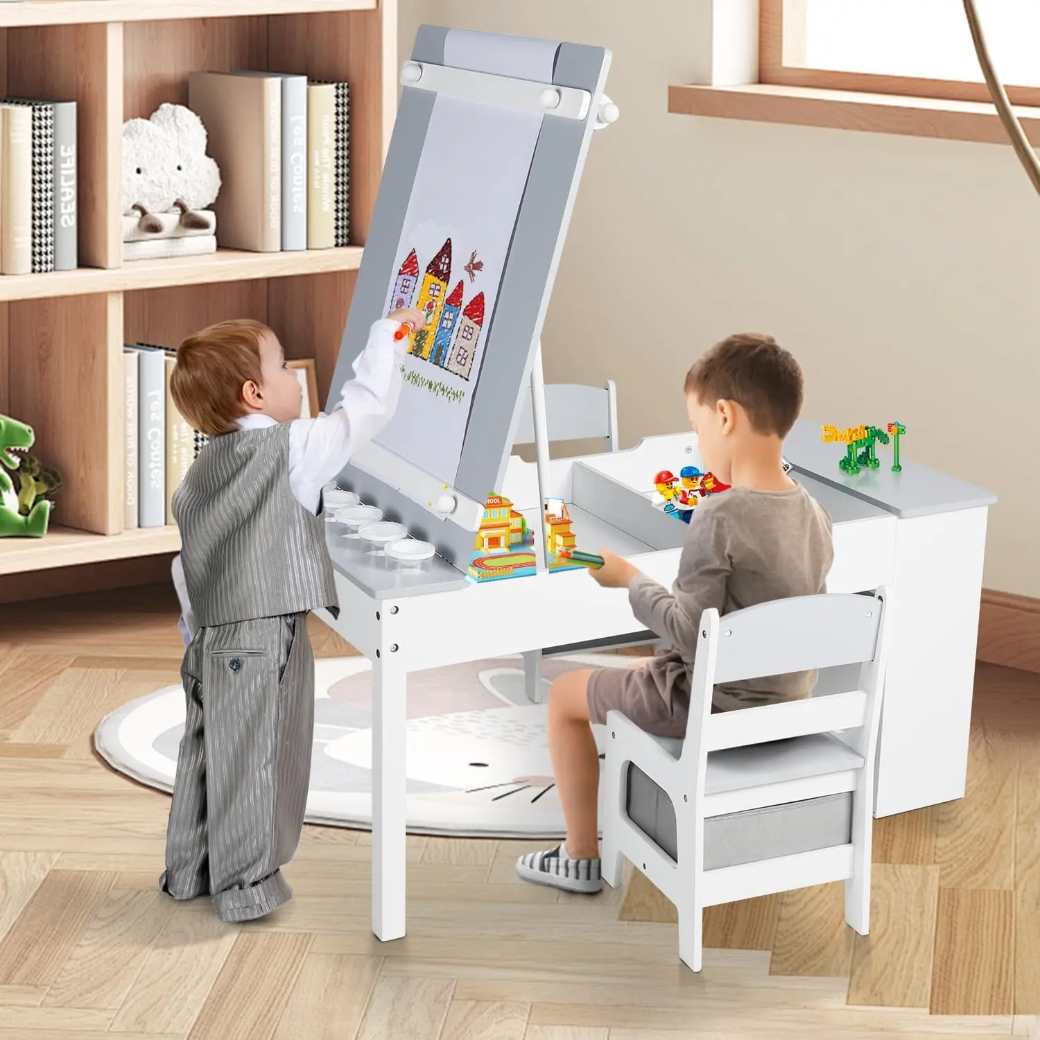 Juego de mesa y silla con caballete de arte para niños 3 en 1, mesa de actividades para niños de madera, 6 contenedores de almacenamiento, rollo de papel, vasos de pintura