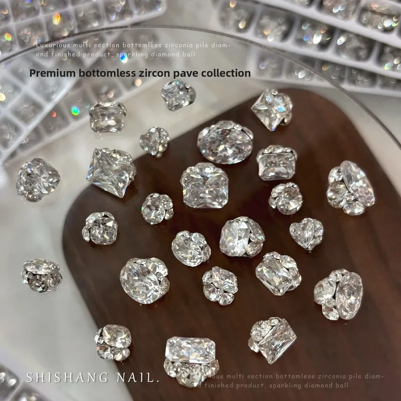 6pcs Super Shiny Finished Stacked No Base Zircon Clear Nail Rhinestones Fat Square Pear Icy Heart Diamond Ball Bulk Wholesale