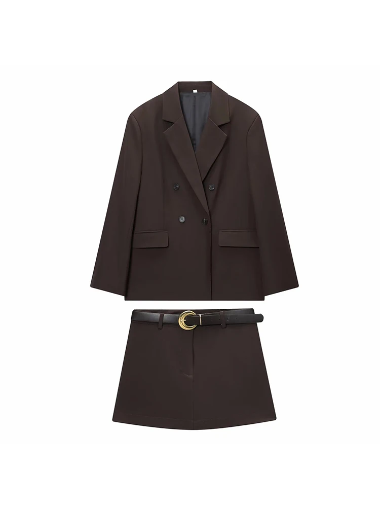 ZOCI Women Office Chocolate Brown Suit Women V Neck Double Button Blazer Belt Mini Shorts Skirt Fashion Vintage Female Sets view 2