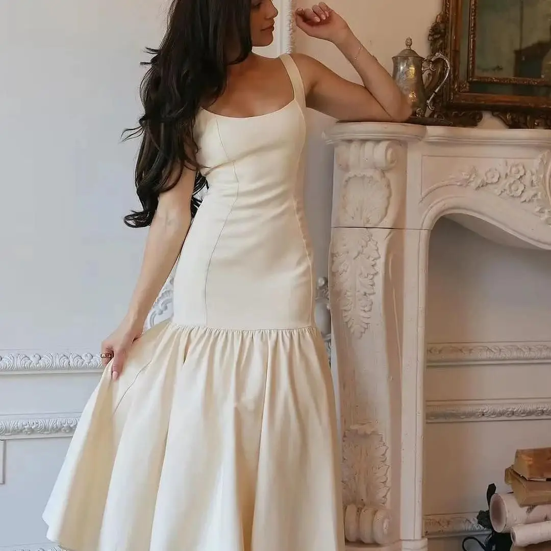 Abito lungo a pieghe solido Abito lungo da donna elegante con scollo quadrato senza maniche con spalle scoperte Abiti maxi slim Abiti da sera da donna