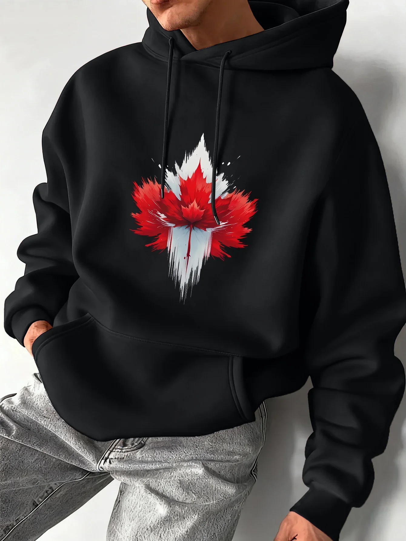Vintage Abstract Maple Leaf Art Print Hoodie For Men Autumn Winter Minimal Urban Aesthetic Oversized Unisex Fleece Pullover