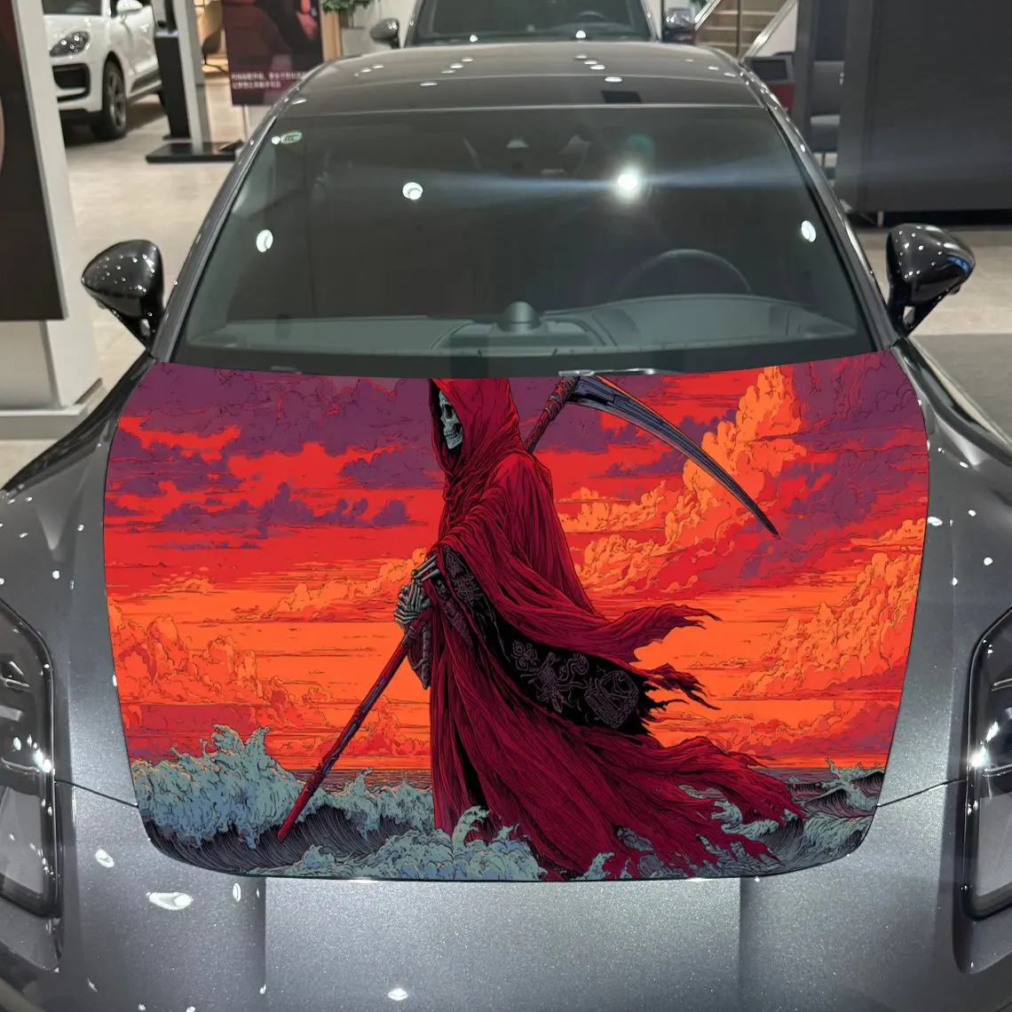 

Fiery Red Reaper Adventure PVC Car Engine Hood Vinyl Wraps, Self-Adhesive Waterproof Car Hood Decal Sticker, Car Decoration Prot