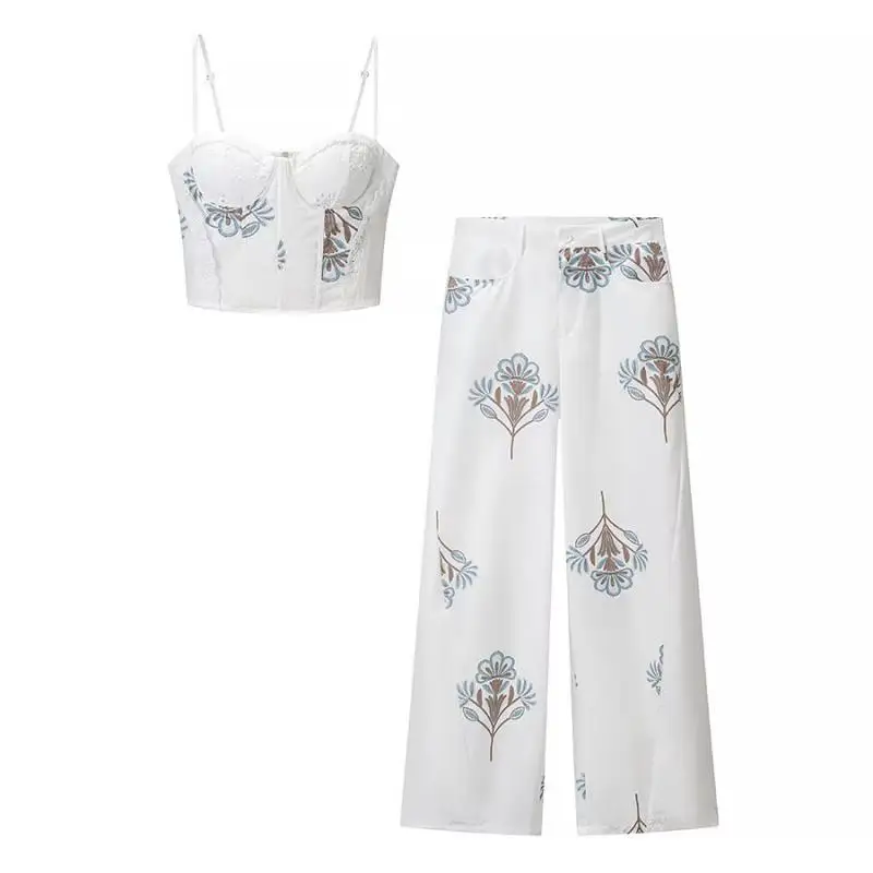 Maxdutti Woman Clothes Pant Sets South French Countryside Lazy Flower Embroidery Suspender Top High Waist Casual Pants Set Woman