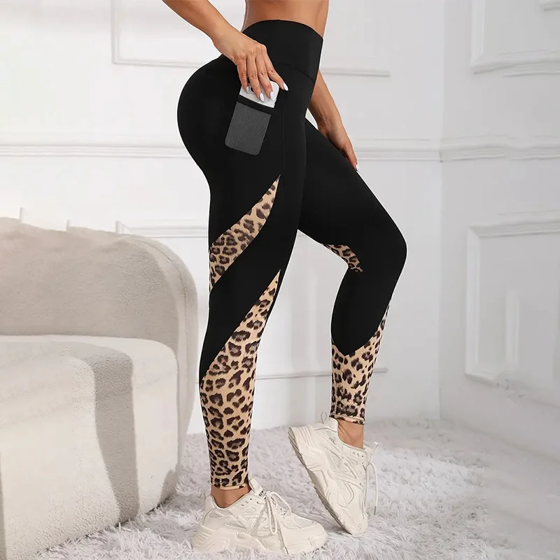 Yoga Pants Printed Leopard Splicing High Waisted Sexy Running Pants Women Lift Hip Sweat Bottom Pants