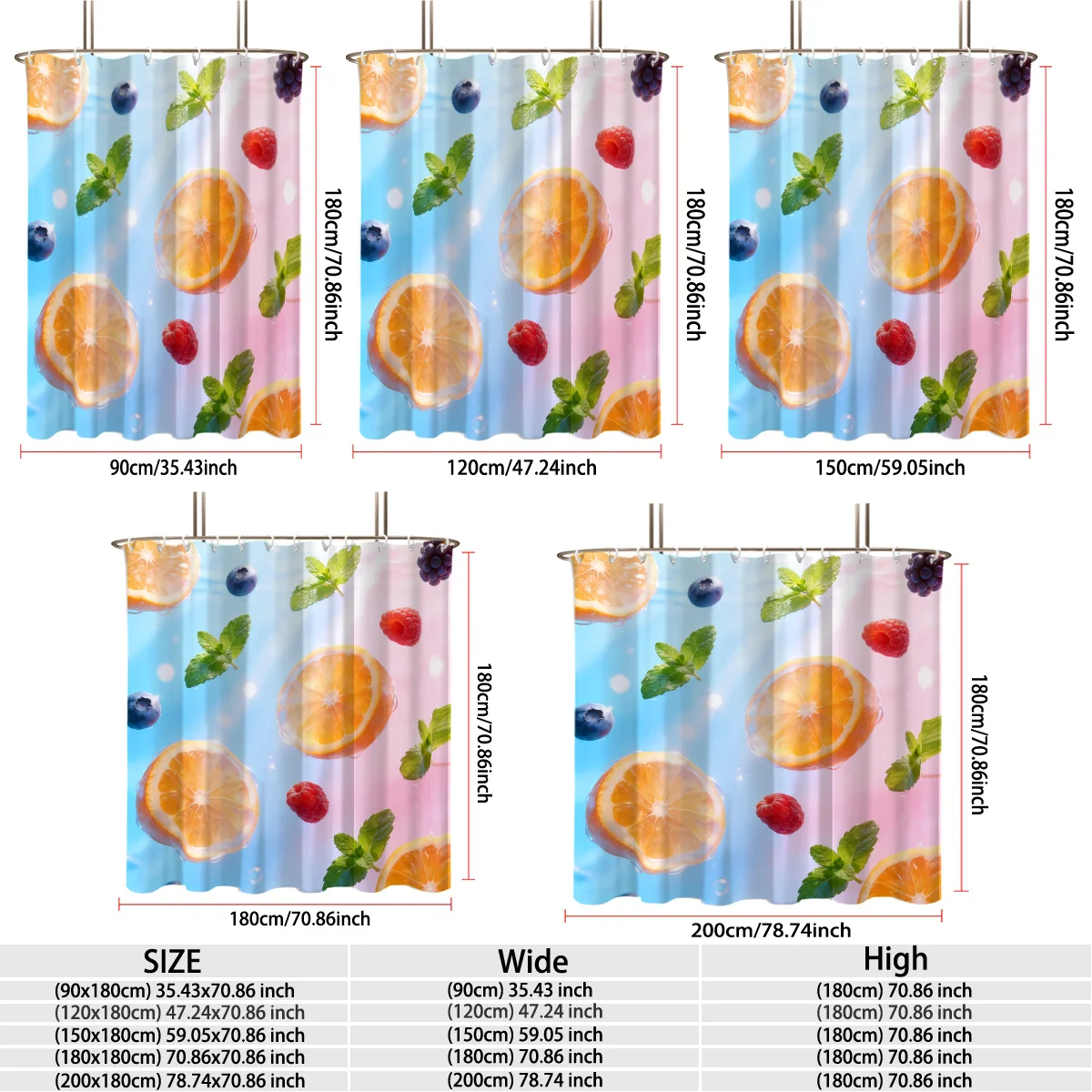 Vibrant Summer Fresh Fruit Shower Curtain Polyester Digital Printing Floating Orange Slices, Juicy Blueberries, Raspberries