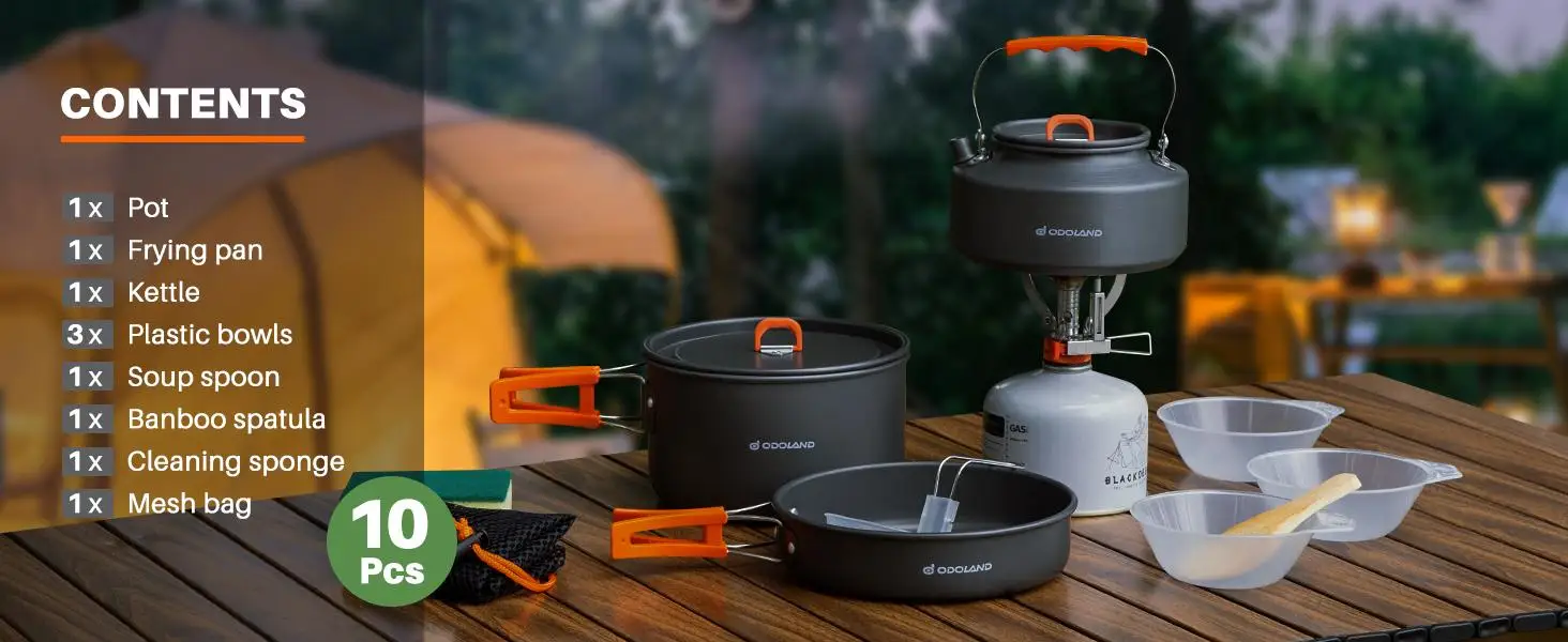 Odoland 10pcs Camping Cookware Camping Pots and Pans Set with Kettle Plastic Bowls and Soup Spoon for Camping, Backpacking, Outdoor Cooking and Picnic