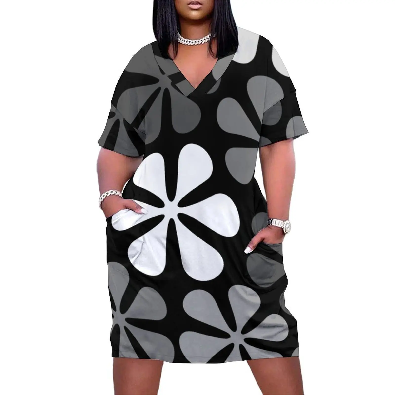 

Abstract Flowers Monochrome Loose Pocket Dress Female clothing summer dress for women 2024