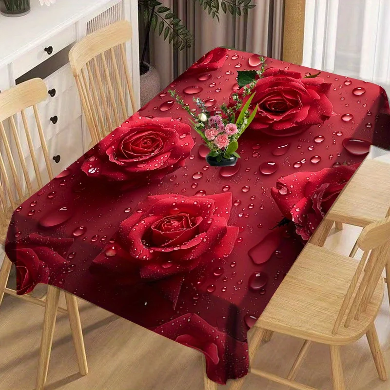 Elegant Waterproof Tablecloth with Red Roses for Dining Room Home Decor Spill Proof Table Cover