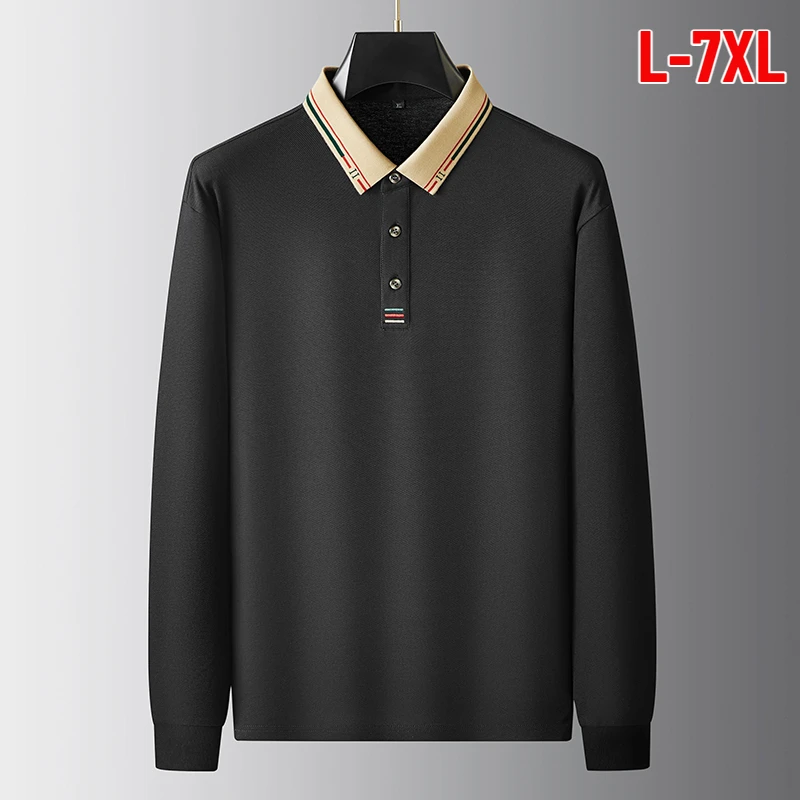 Plus Size 7XL Spring Autumn Cotton Men's Polo Shirts High Quality Long Sleeve Solid Color Business Casual Male T-shirts Man Tees