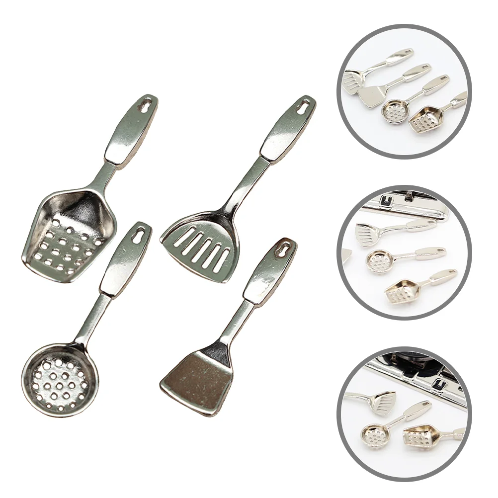 4pcs Miniature Kitchen Utensils Set Dollhouse Accessories Shovels Spoons Alloy Kids Toys Pretend Play Mini