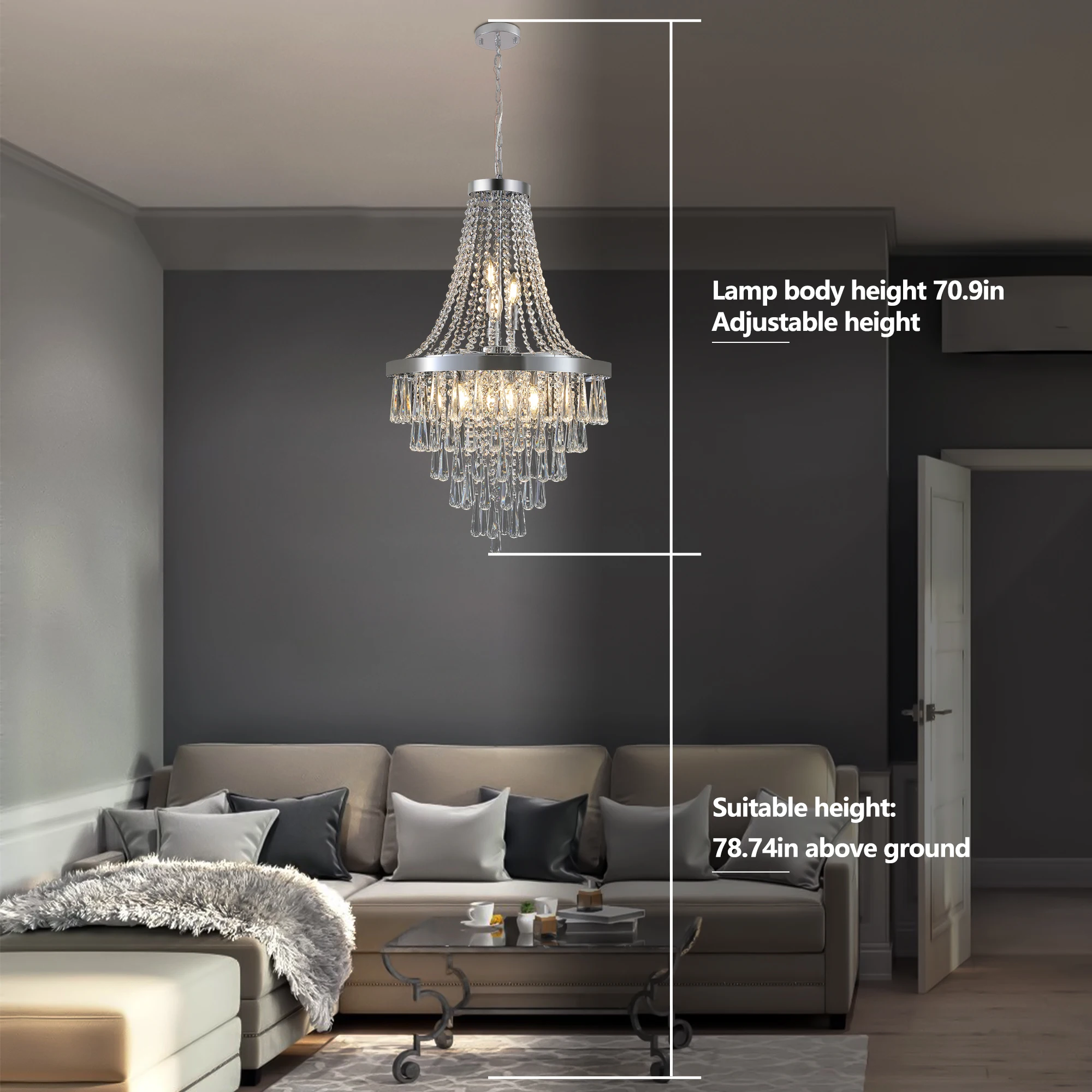 Grand lustre en cristal argenté de luxe, cristal K9 éblouissant, finition métallique haut de gamme, est un choix idéal pour une décoration chic