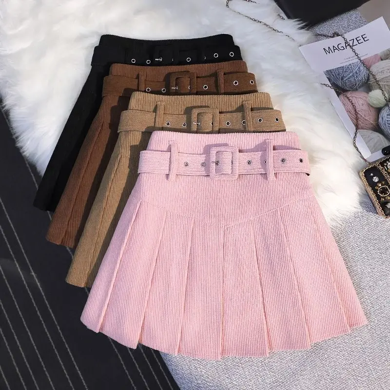 

Korean Style Fashion Corduroy Pleated Skirt Women Autumn Winter High Waist Solid Slimming A-line Short Mini Skirts Jk Clothes