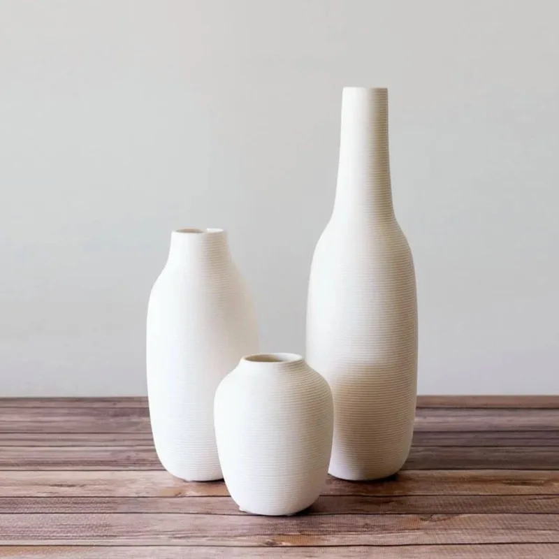 Simple Nordic style pure white threaded plain-fired ceramic vase dried flower arrangement device home soft decoration wholesale