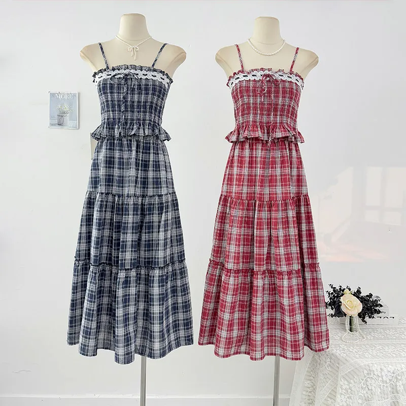 

Korean version sweet lace patchwork plaid tank top high waisted A-line loose cake skirt women elegant casual two piece set