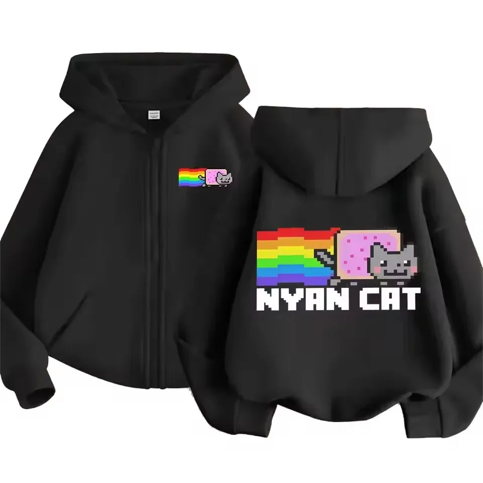 Heavy Pixel Rainbow Cat Zip Up Hoodie Black White Blue Grey Men Women Streetwear Casual Fashion Sweatshirt Tops Y2K