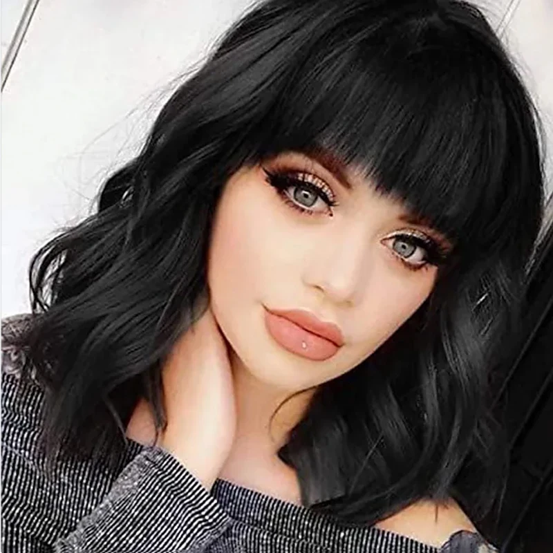 HAIRJOY Synthetic Hair Wigs Curly Bob Wig with Bangs Short Bob Wine Red Heat Resistant Bob Style for Women