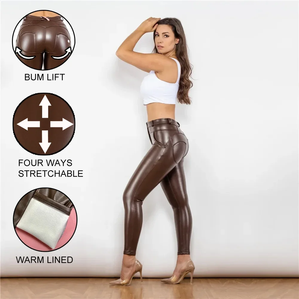 Shascullfites Brown Leather Pants Womens Stretch Wet Look Leggings Streetwear Pants Women Mid Waist Leather Jeggings Slim Wear