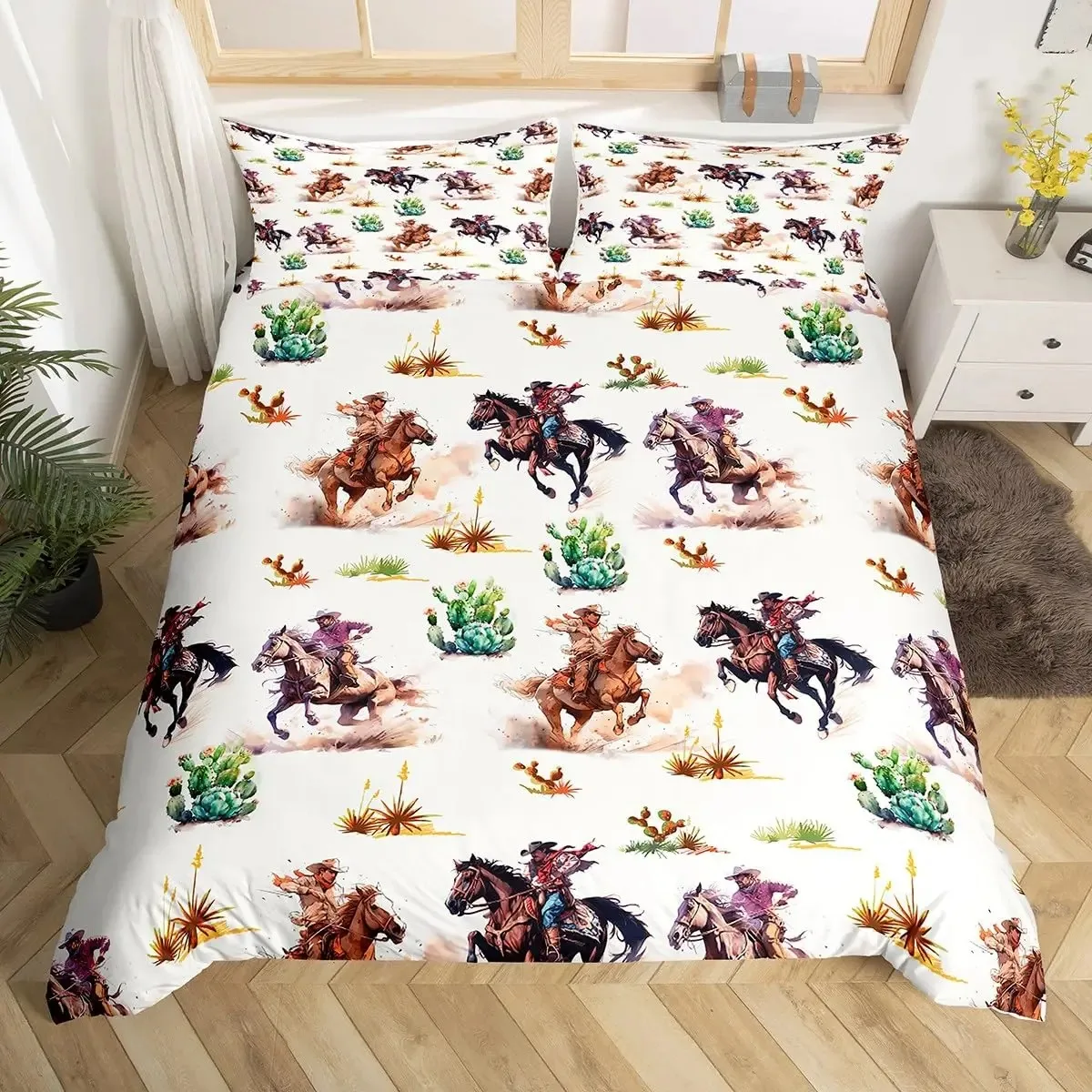 Western Cowboy Duvet Cover Set Twin Size,Horseshoe Stars Cowboy Hat Pattern Comforter Cover Rustic Vintage Southwest Bedding Set