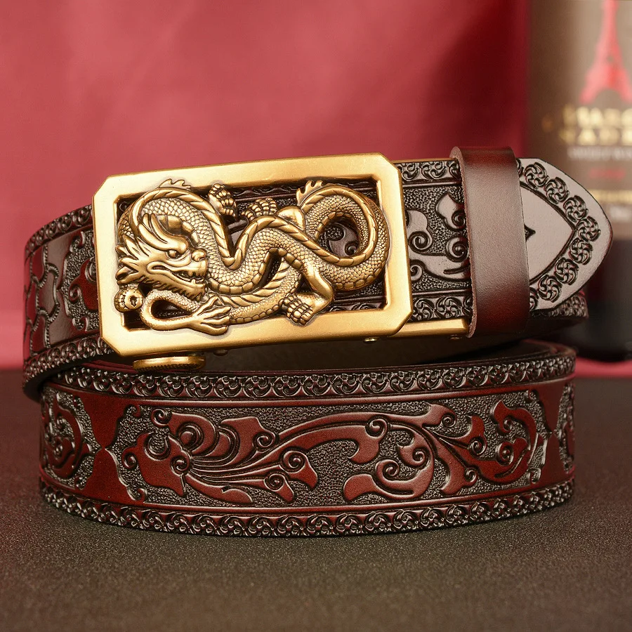 

Domineering dragon automatic buckle belt for men's cowhide casual belt, fashionable Tang grass pattern personalized belt