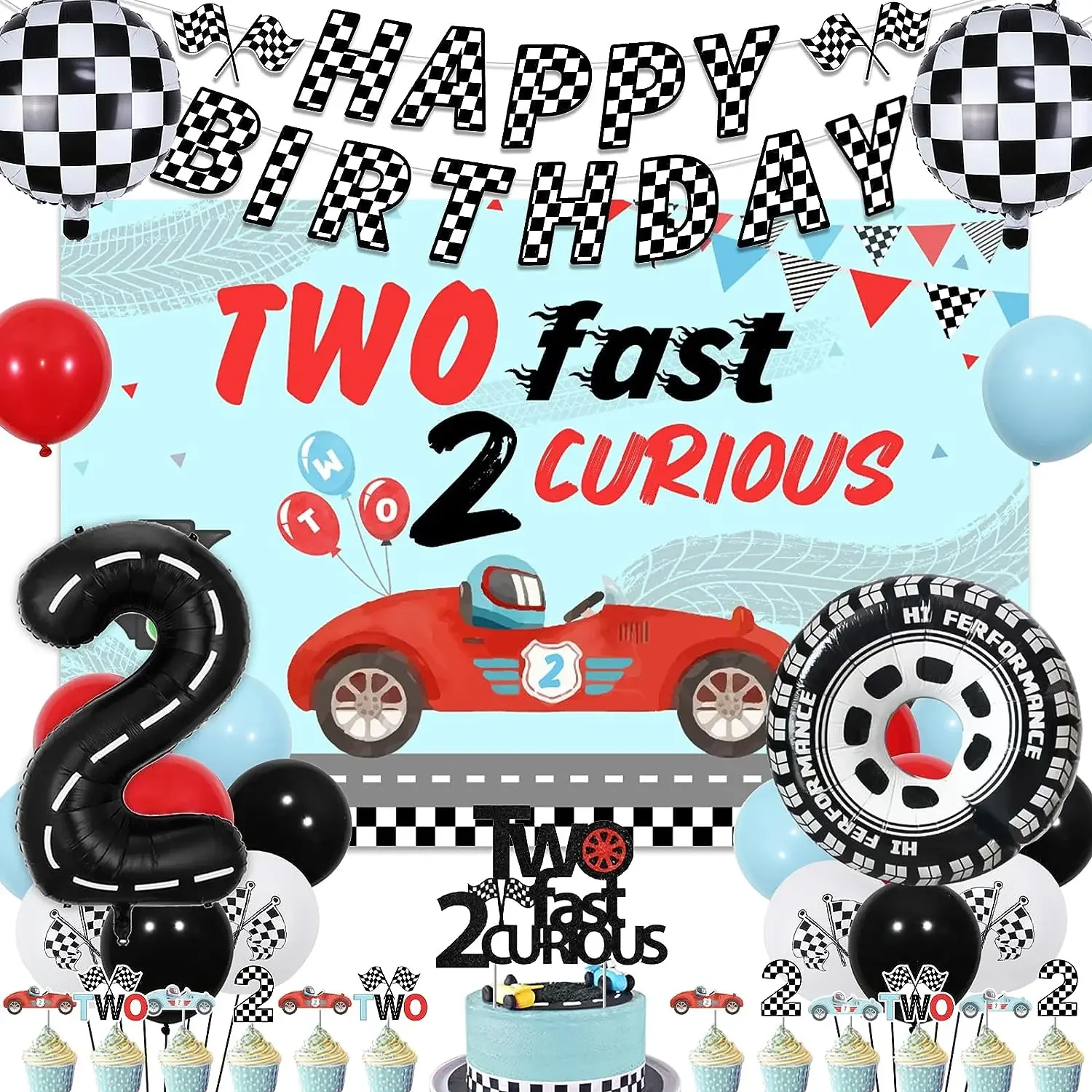 

Two Fast 2 Curious Birthday Party Decorations Vintage Race Car Backdrop Cake Topper Checkered Banner Tire Balloons Boys 2 Years