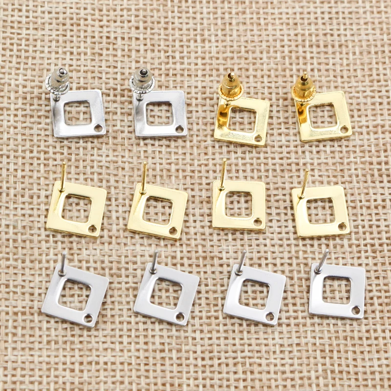 20pcs 10mm Square 316 Stainless Steel Gold Plated Pin Stud Earring With Hole Connector For DIY Jewelry Making Supplies Findings