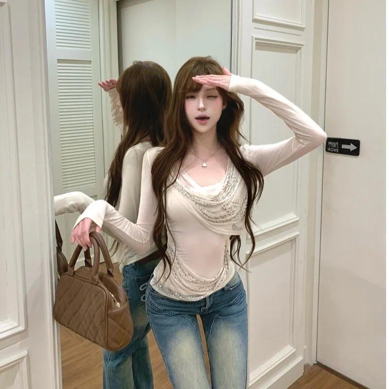 Long Sve Me T-irt レディース 秋冬新作 Sle Ele スリミングトップ グリッター ダイヤモンドカラー カジュアル ピュアカラー