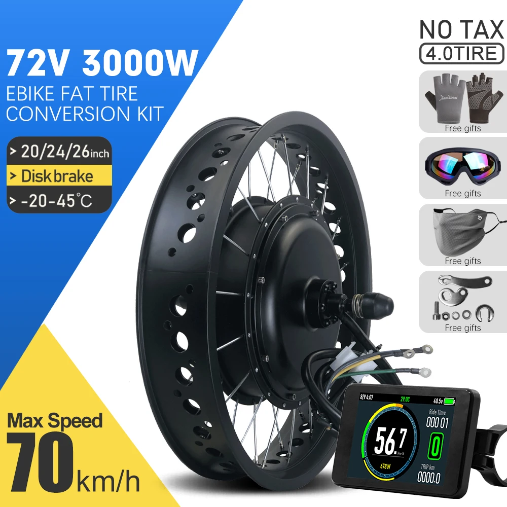 

snow ebike Conversion Kit 72V 3000W Non Gear Rear Cassette Hub motor Wheel 55-70KM 20 26Inch 4.0 Tyre For Electric Fat Bike Kit