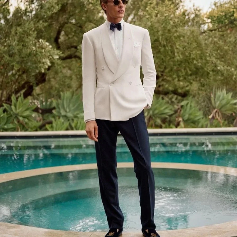 

2Pieces Peaked Lapel Double Breasted Suits for Men Wedding Slim Fit Formal Groom White Custom Made Suit Jacket with Black Pant