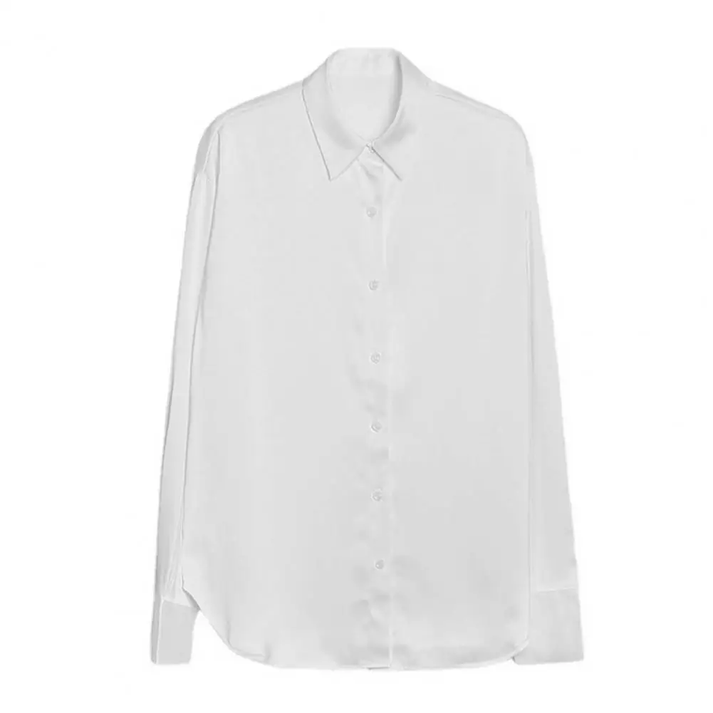 Camisa feminina topo vintage cetim de seda blusa de negócios feminina elegante single-breasted manga longa lapela camisa para formal ol