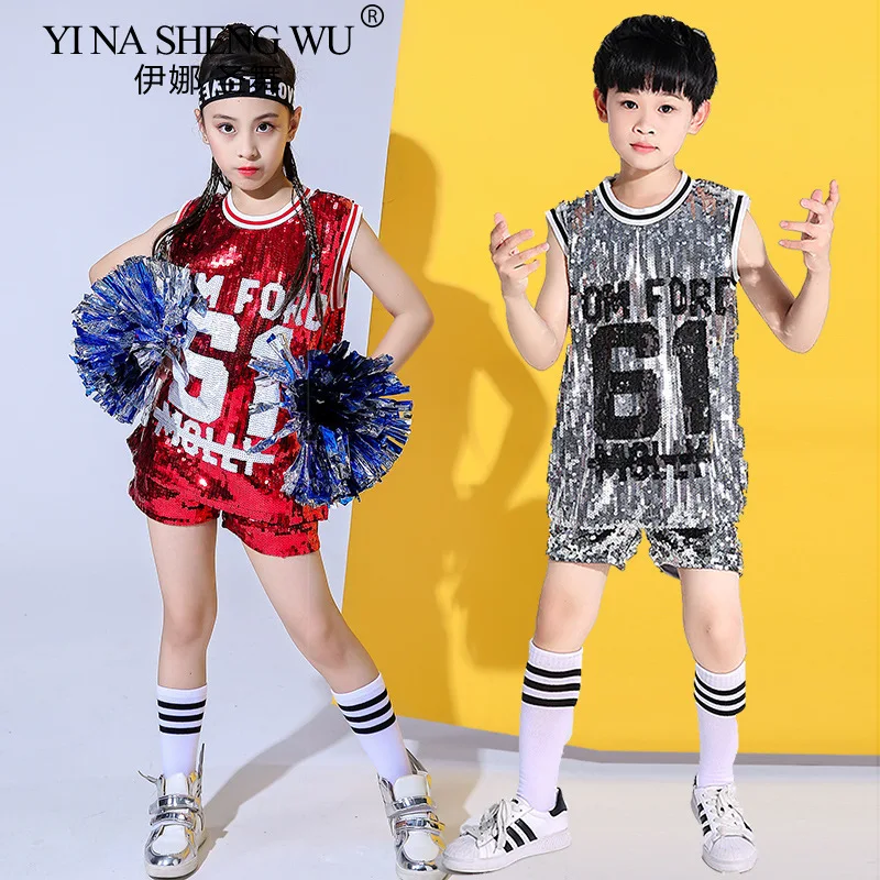 Sequin Jazz Dance Costume Boys and Girls Hip Hop Street Dance Modern Dance Cheerleading Performance Sleeveless Top Shorts Set