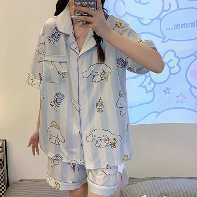 

Cartoon Sanrio Short Sleeves Pajamas Sets Women Summer Sweet Stripe Home Sleepwear