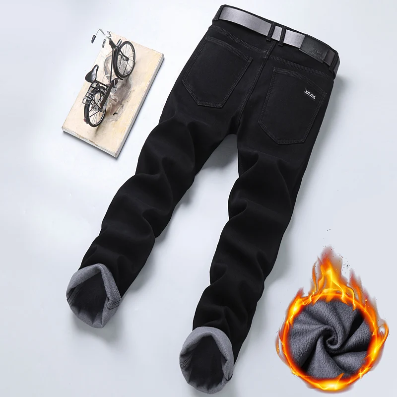 Autumn Winter Fleece Stretch Jeans Black Fashion Slim Comfortable Cotton Straight Trousers Warm Male Brand Clothing Denim Pants