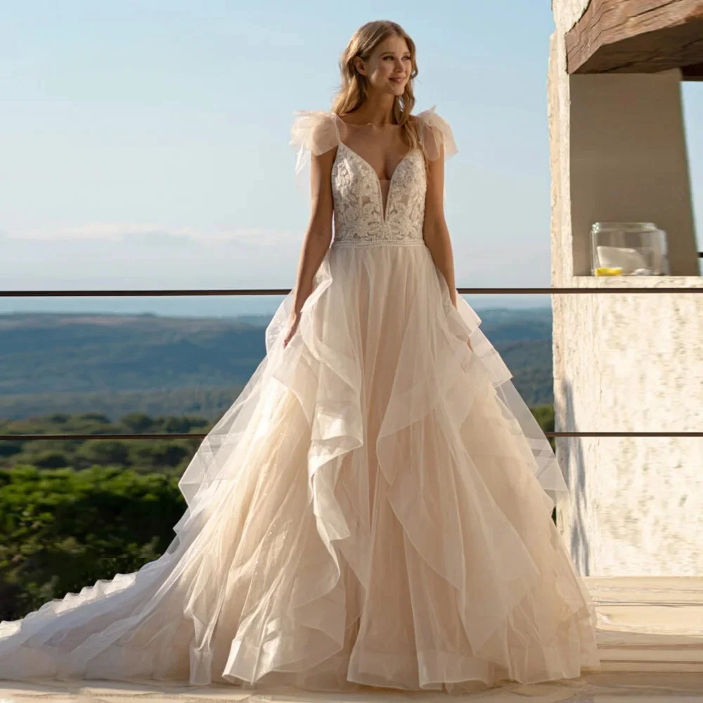 

Customized Vintage Ruffles Vestidos De Novia V Neck Bow Sleeveless A Line Wedding Dresses Appliques Vestido De Noiva