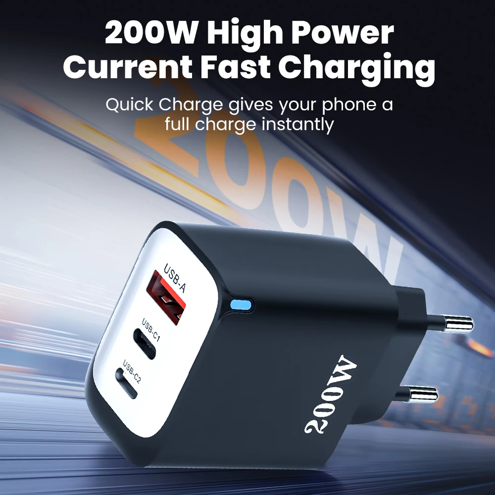 200w Schnell ladegerät 3 Anschlüsse Typ C Ladegerät QC 3,0 USB Wand ladegerät Adapter für Samsung Xiaomi 66W Typ C Kurz kabel für iPhone 15 16