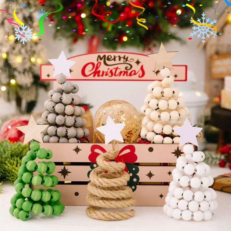 

Wooden Beaded Christmas Tree Decorations Rustic Farmhouse Style Mini Tabletop Tree with Star Topper for Holiday Home Decor