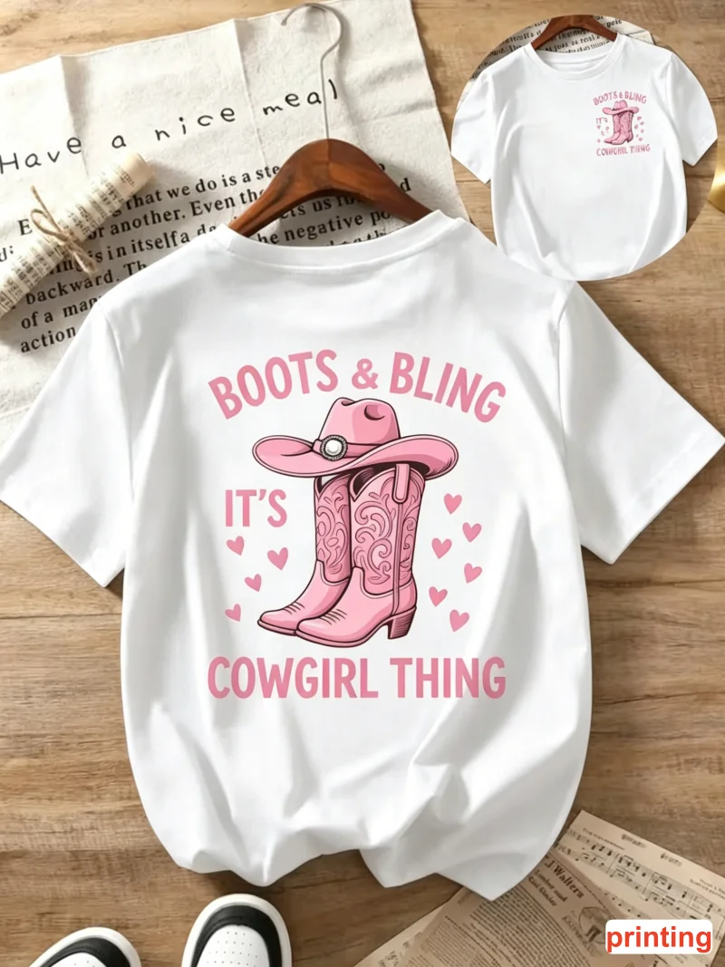 Boots & Bling Cowgirl Print T-shirt Crew Neck Short Sleeve Western Graphic Tee Ideal For Summer Casual Daily Street Outfit