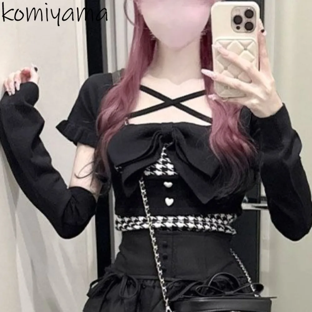 

Lace Up Bow Ropa Mujer Houndstooth Tops New Hollow Out Woman Clothes Japan Fungus T Shirts Pure Desire Style Roupas Feminina