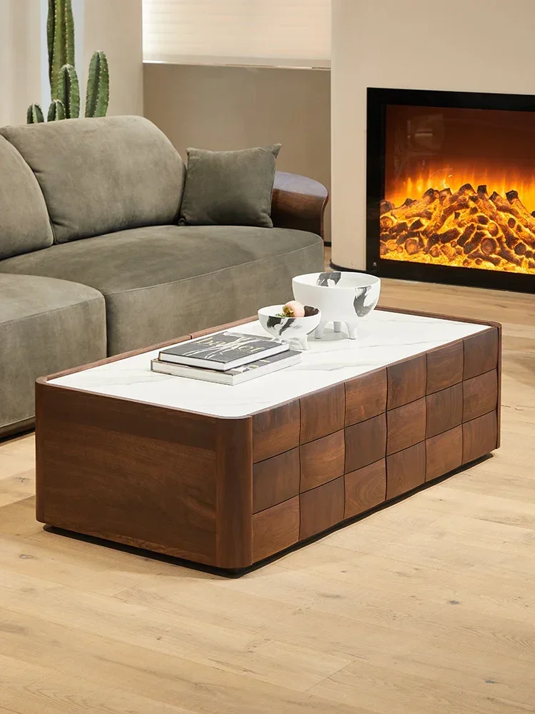 Stone Plate Coffee Table Living Room Home Solid Wood Sofa Table Light Luxury Log Low Table