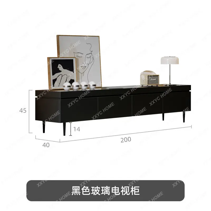 Modern Black TV Cabinet and Tea Table Combination Nordic Glass Floor Cabinet Simple and Light Luxury Style Living Room Small