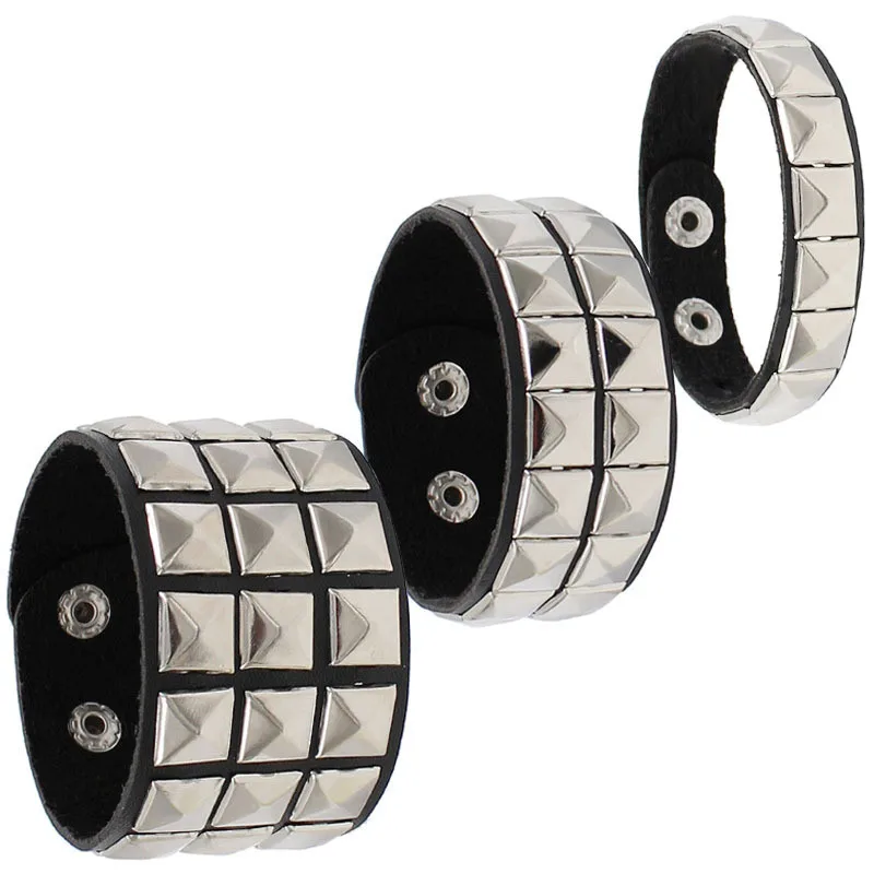 New Unique 3 Row Cuspidal Spikes Rivet Stud Wide Cuff Leather Punk Gothic Rock Unisex Bangle Bracelet Men Jewelry