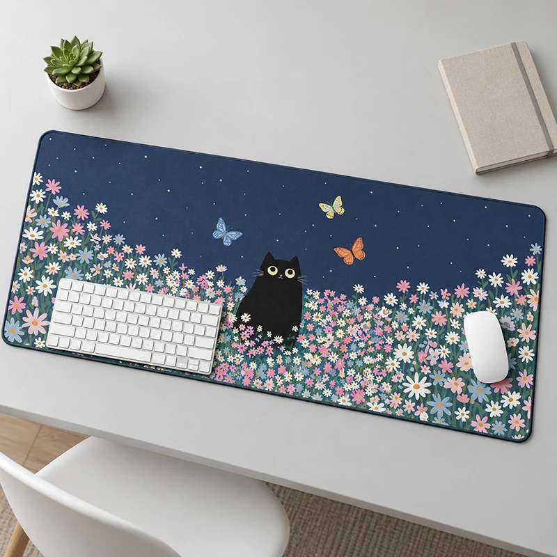 Mouse Pad Black Cat Starry Flower Meadow Gamer XL Large Mousepad XXL Mechanical Keyboard Pad Carpet Soft Natural Rubber