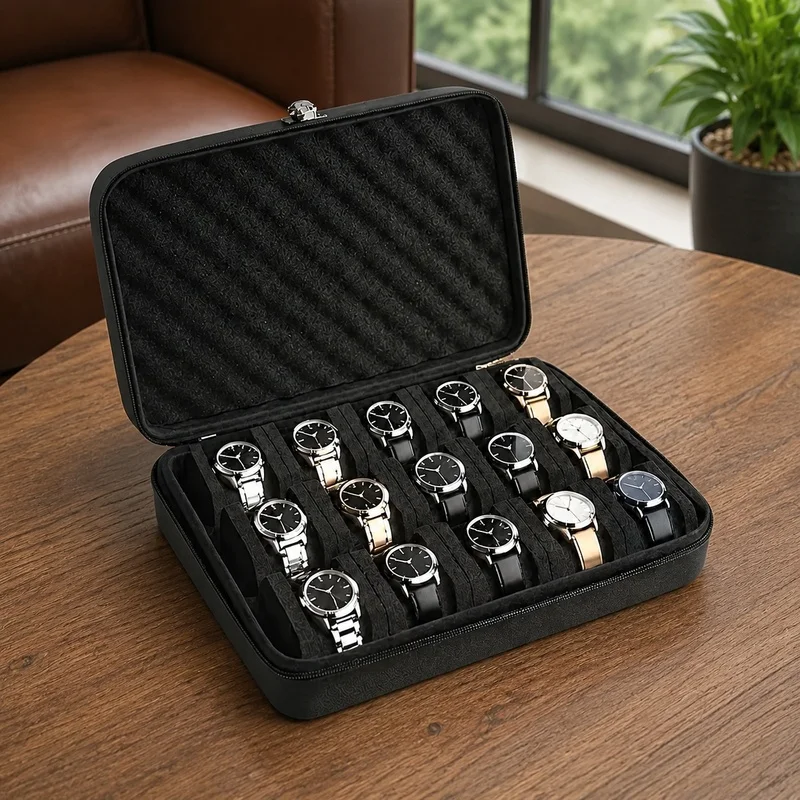 Compact Travel and Home Watch Storage Box with 15 Slots and Durable Shockproof Construction